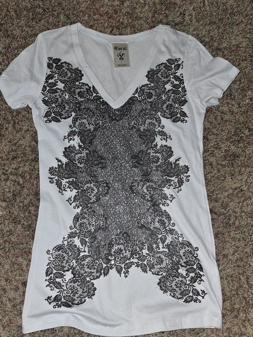 Vocal Grey V-Neck Tee with Black Ornate Lace Print